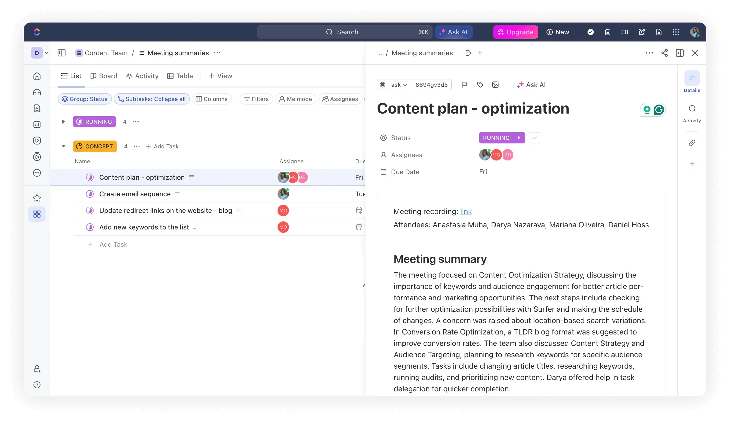 clickup space with meeting notes