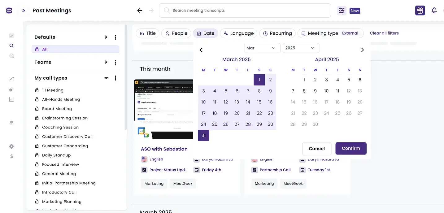MeetGeek's meeting library feature