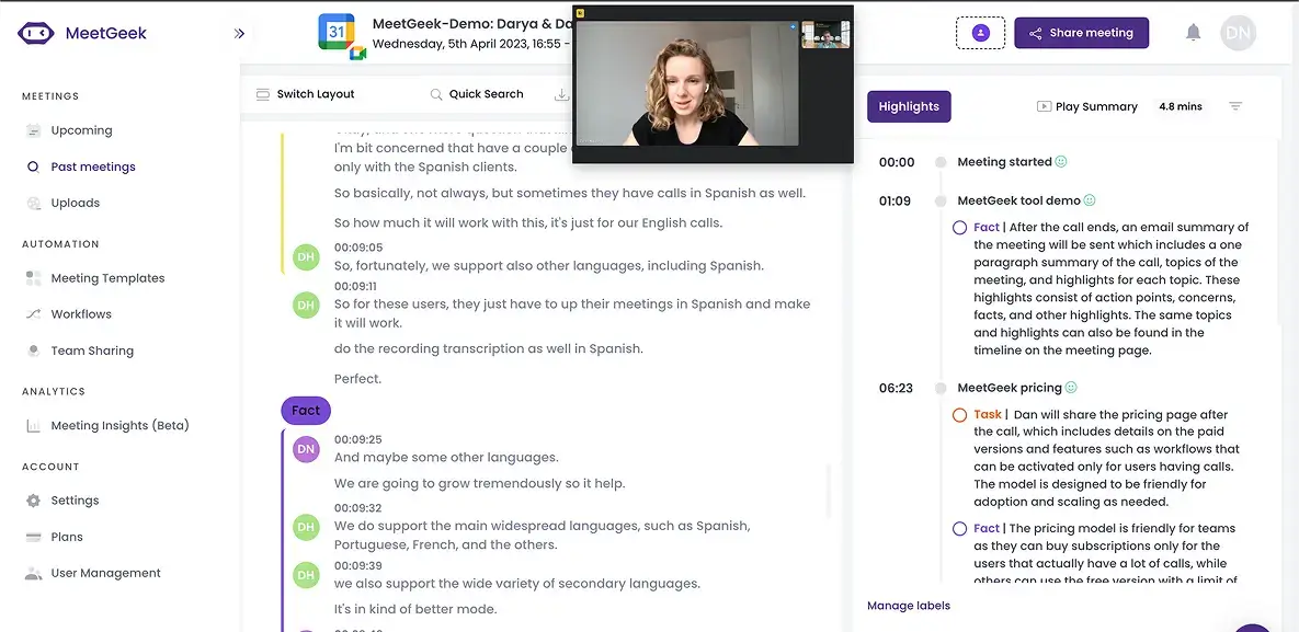 meeting transcription in meetgeek
