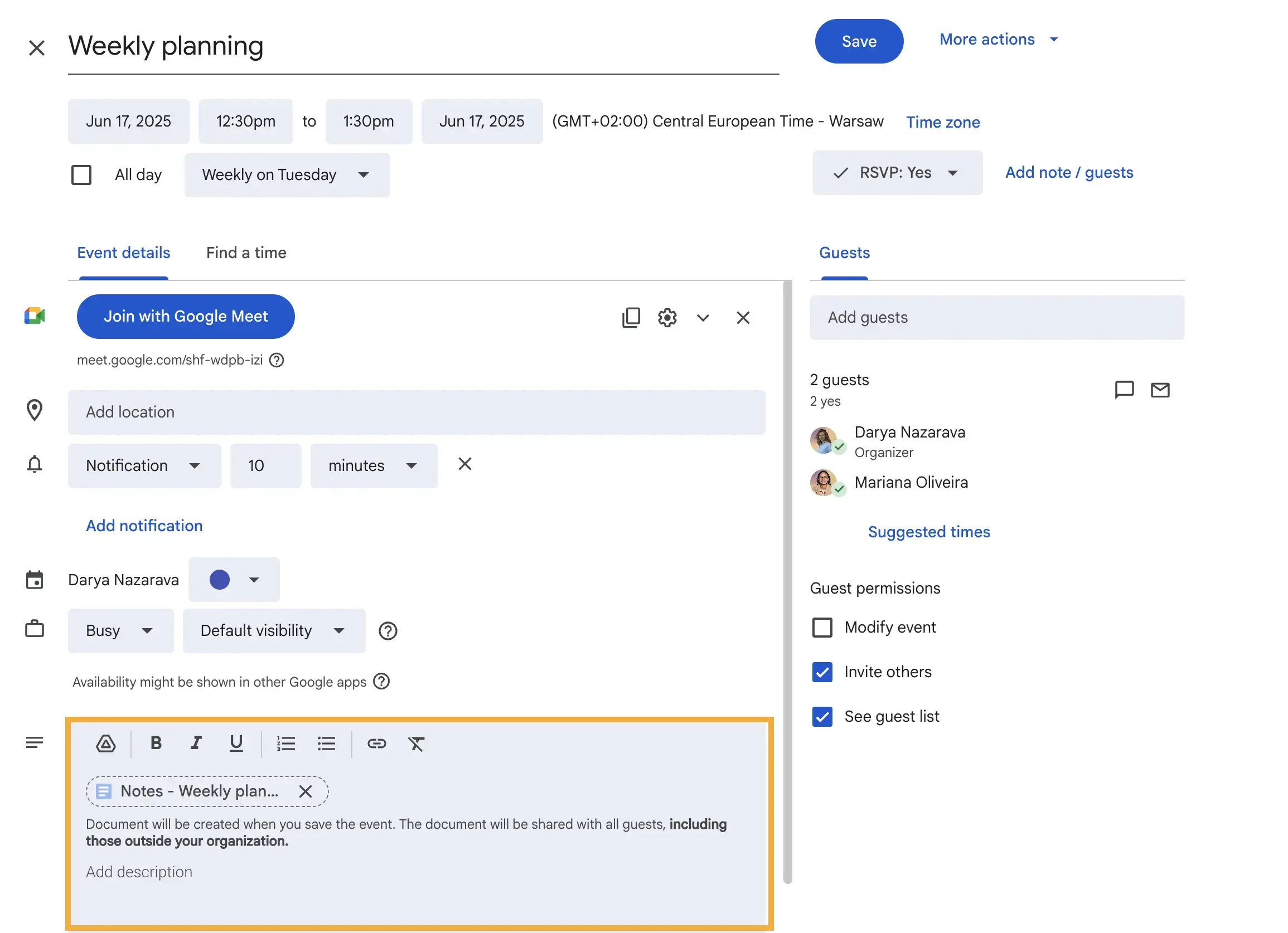 how to add meeting notes to google calendar