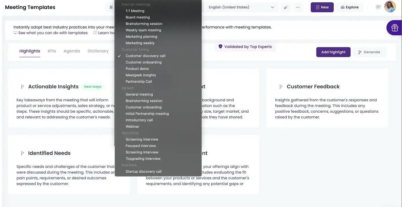 MeetGeek’s meeting templates