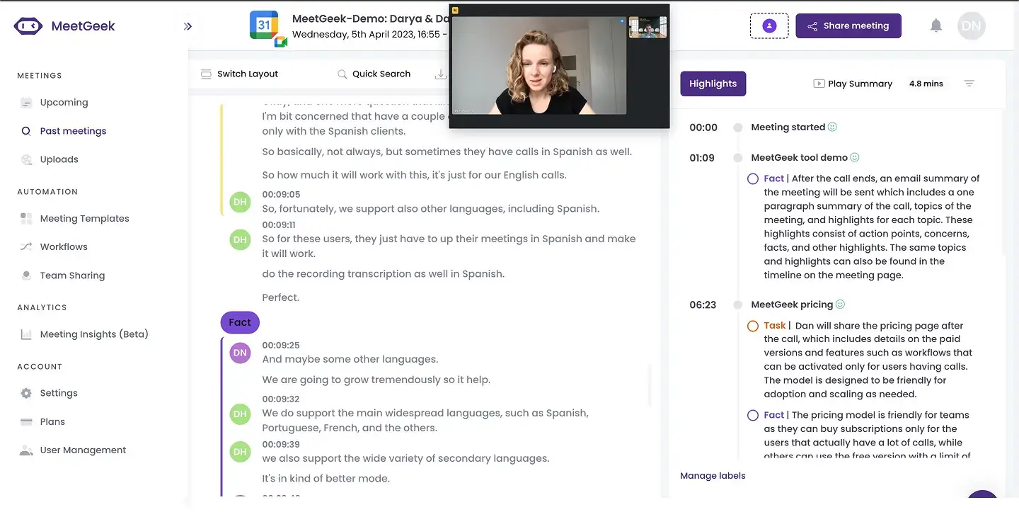 meetgeek automated transcription in 50 languages