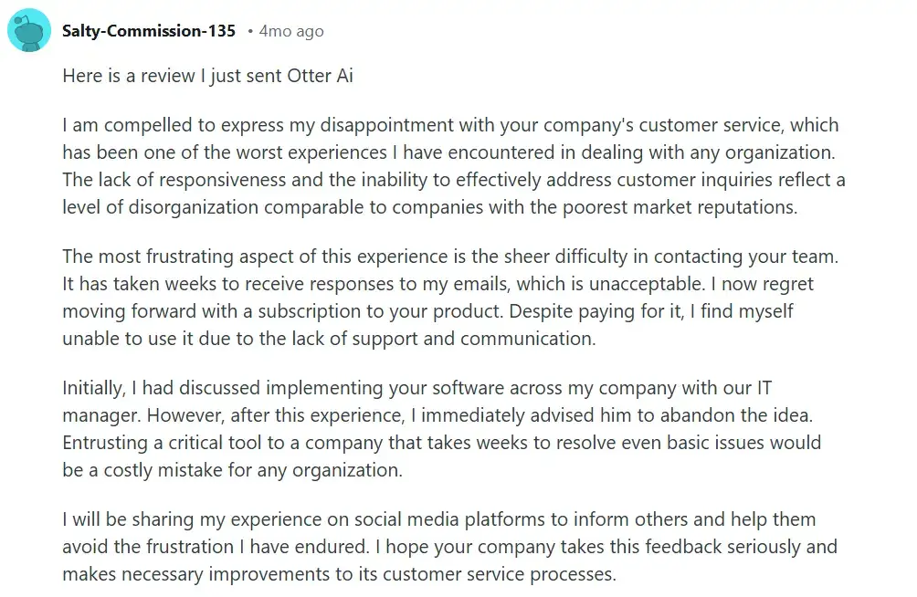 Otter AI’s customer support