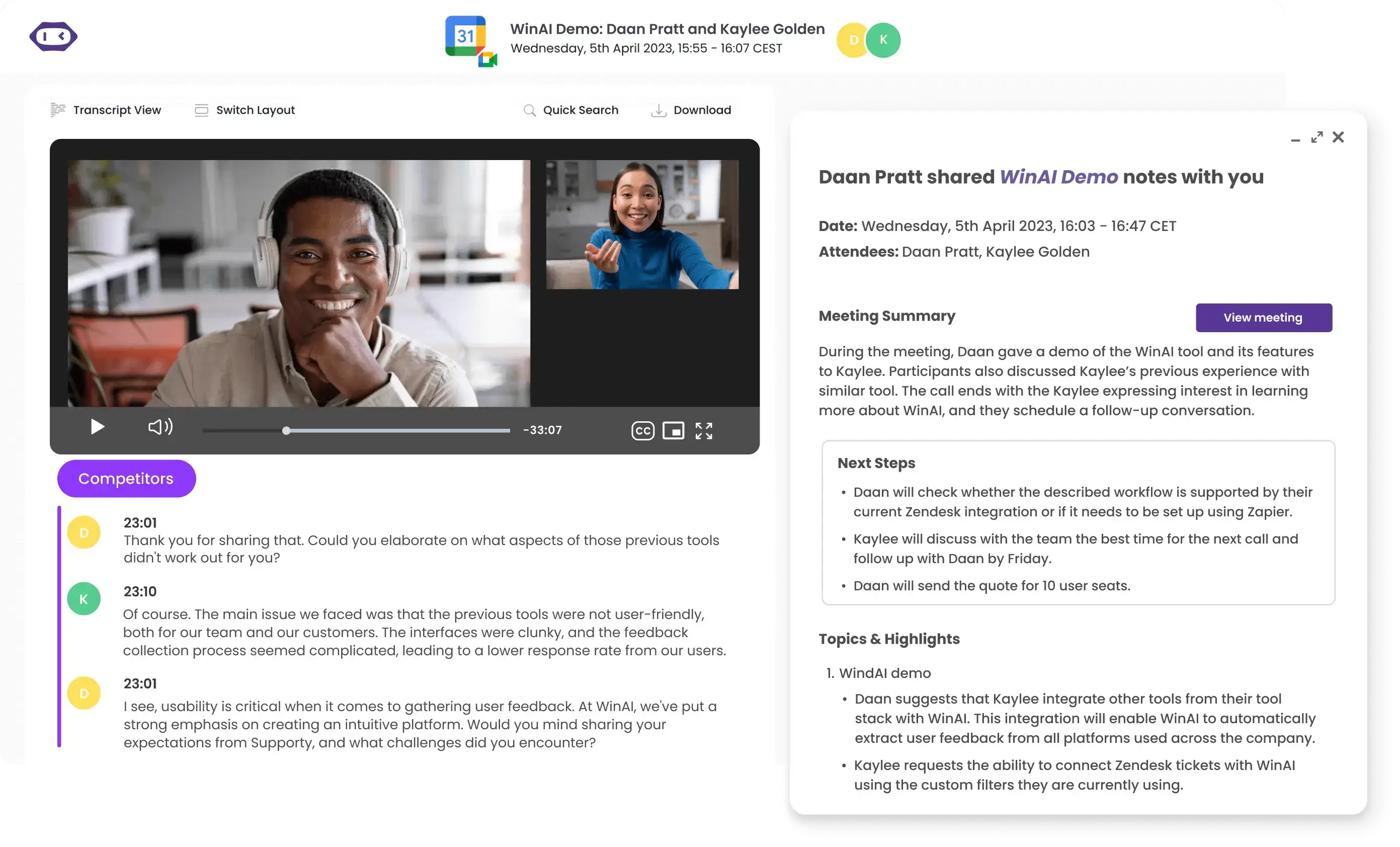 meeting recording and transcription with the summary and bullet points