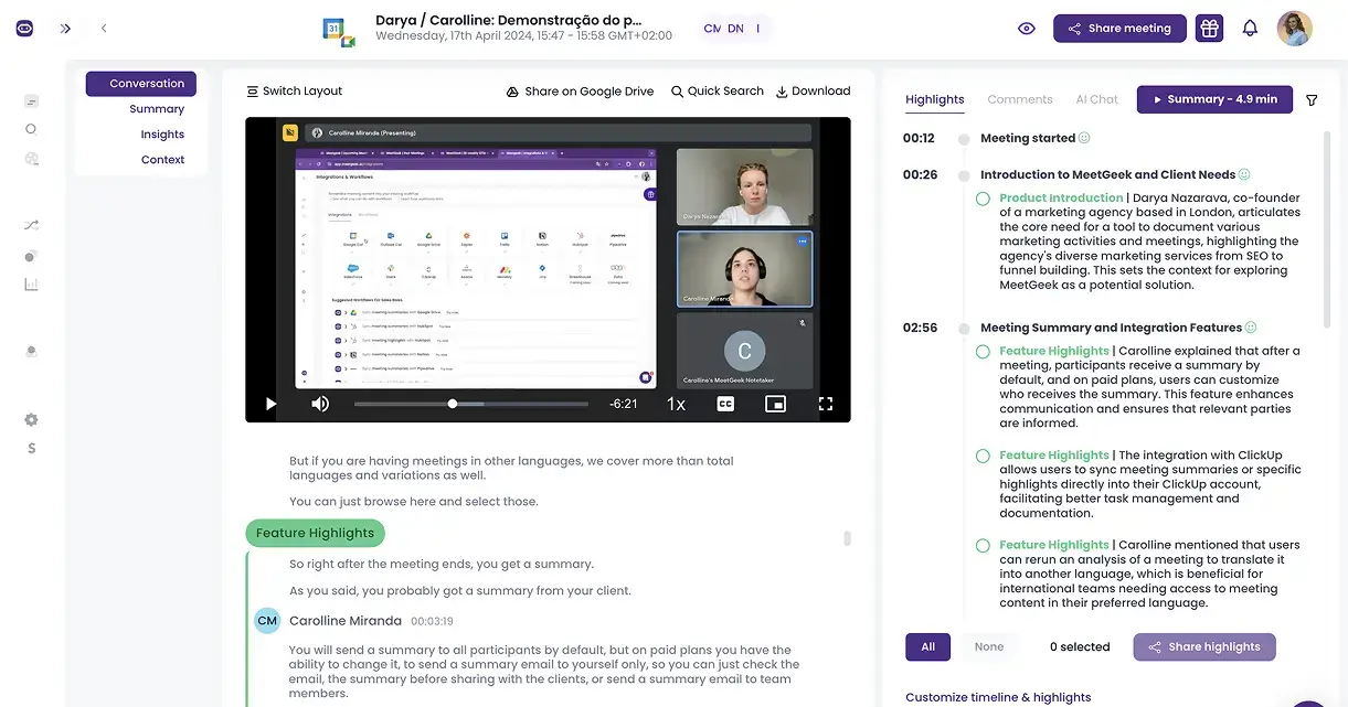 MeetGeek's automated recording and AI summaries for meetings