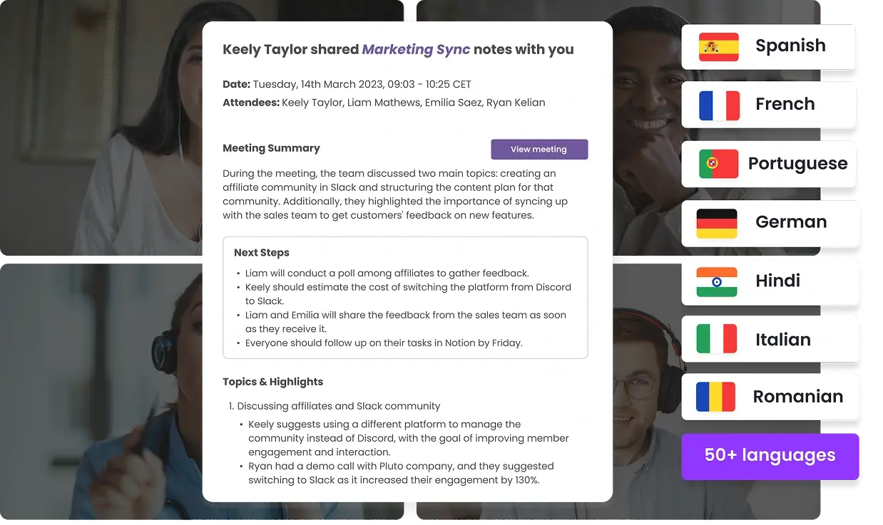 Shared meeting notes from  marketing sync meeting featuring meeting summary, next steps, topics and highlights