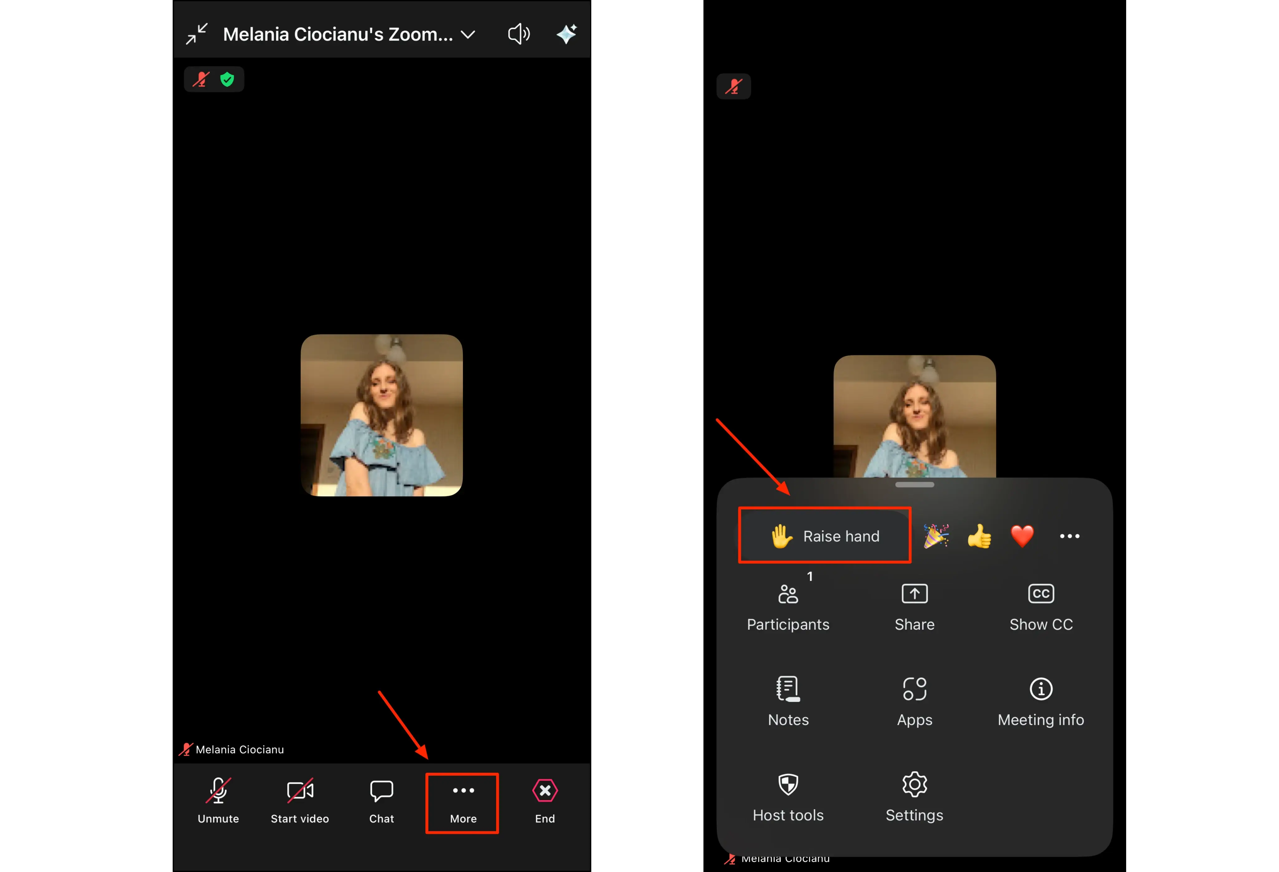 Two panels showing how to raise hand in Zoom mobile app 