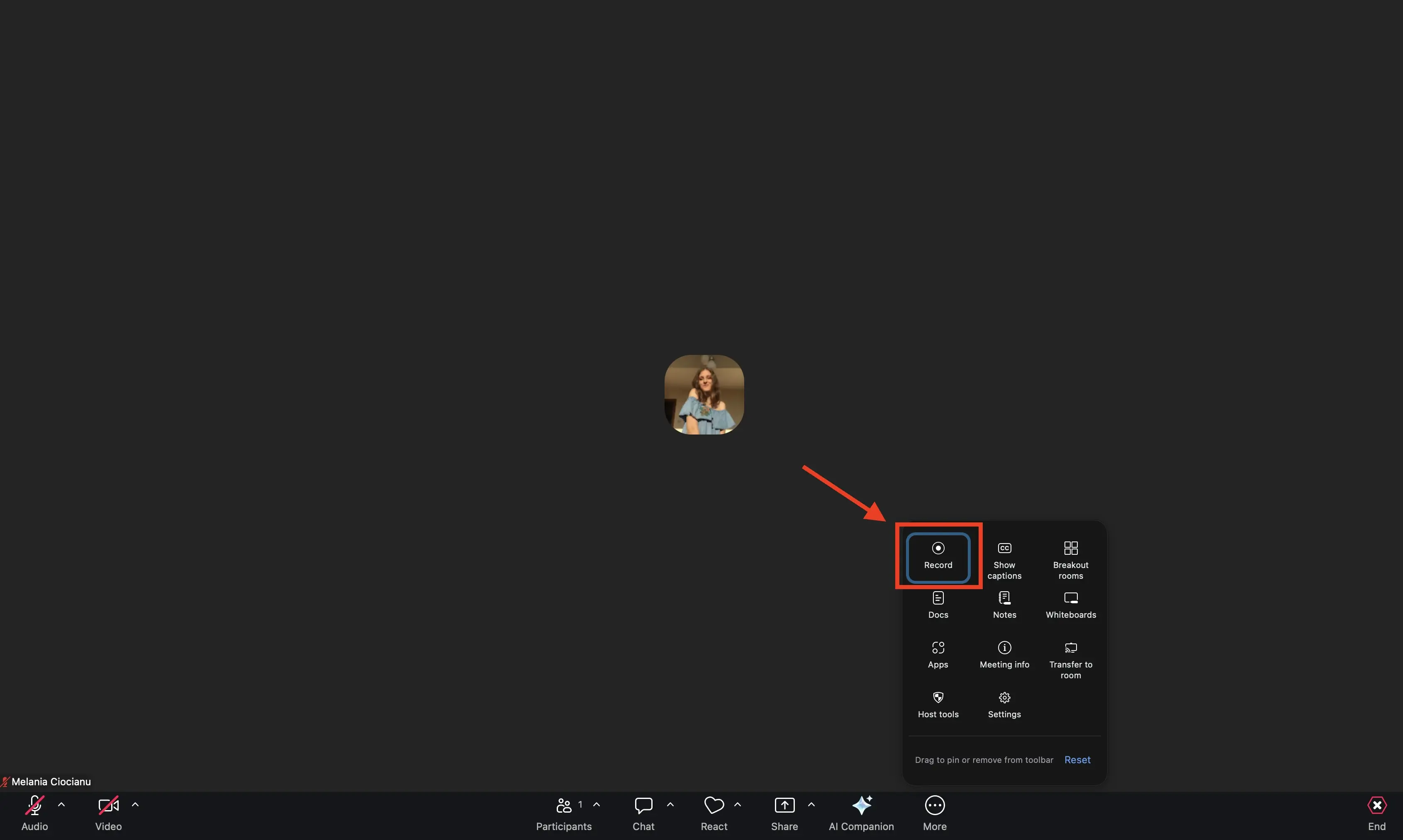 Zoom meeting with Record button highlighted with a red square