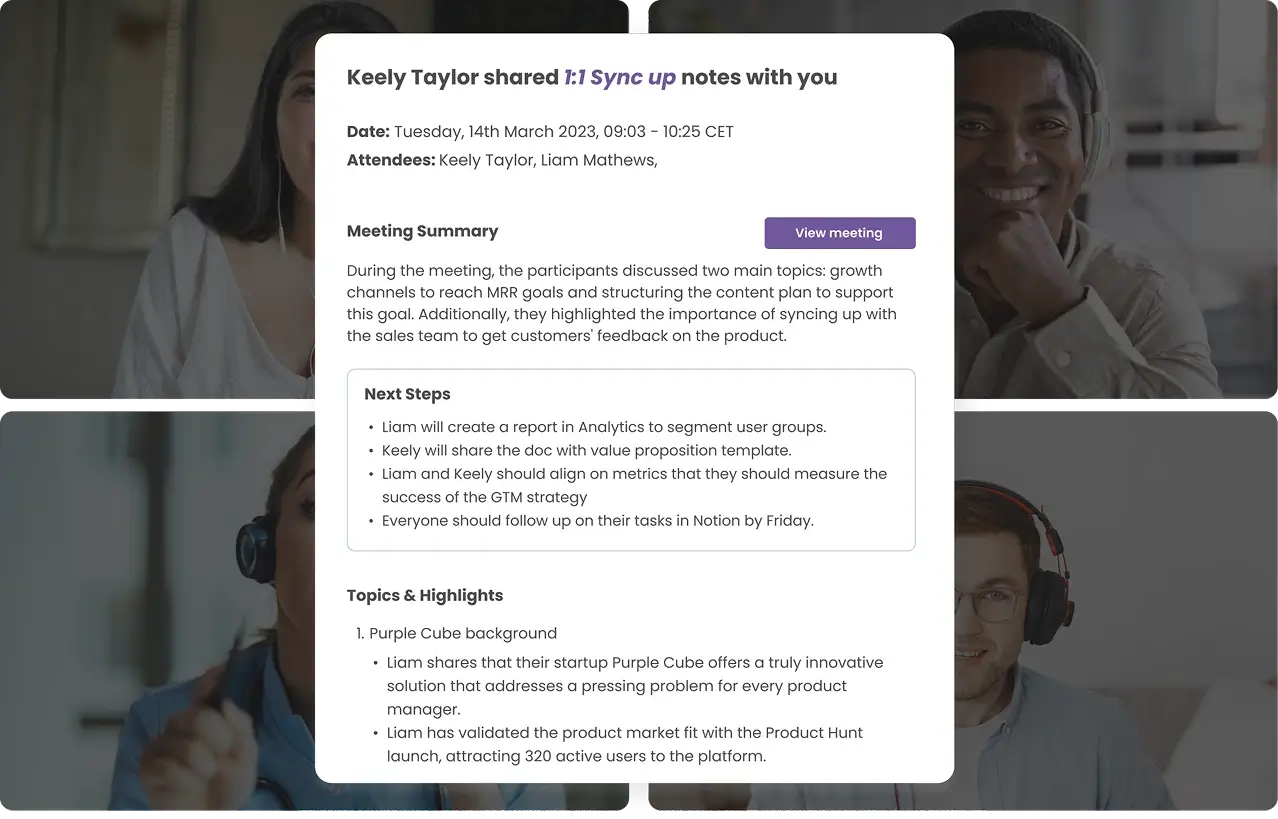 Meeting summary, next steps, and topics and highlights extracted from a 1:1 Sync up meeting by MeetGeek