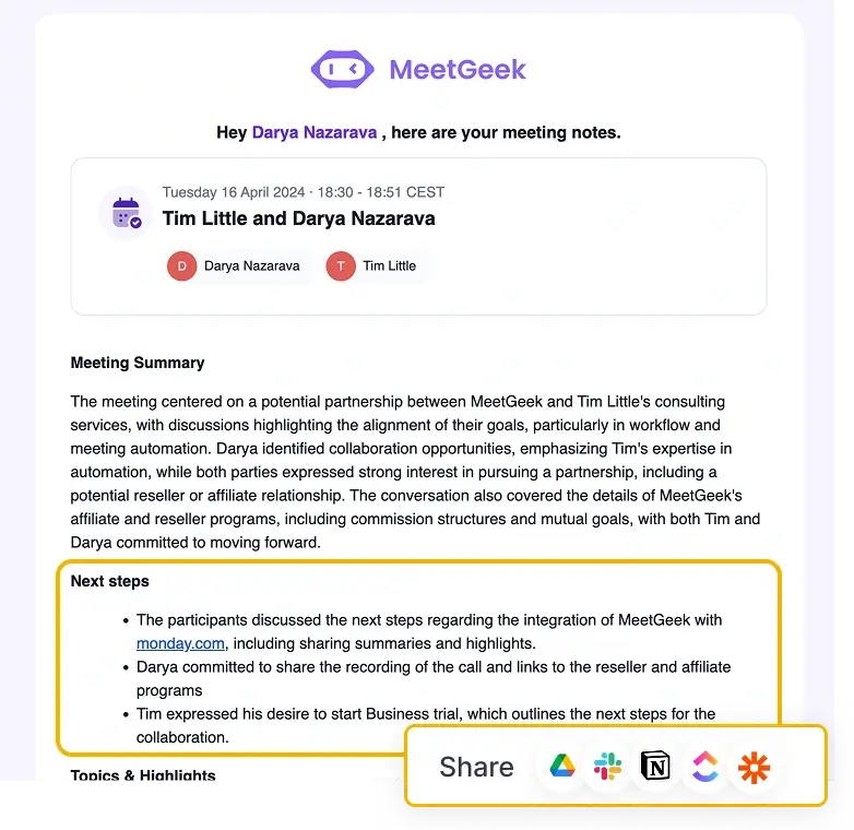 MeetGeek summary and next steps