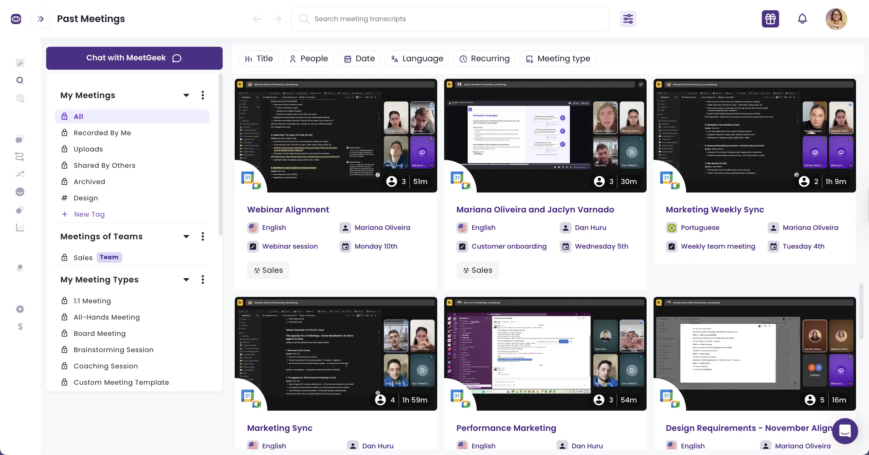 Past meetings in a searchable knowledge base