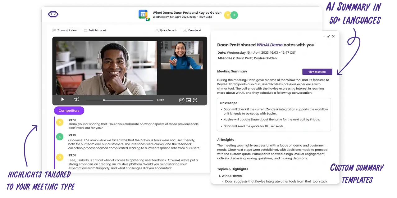 MeetGeek summary and insights overview for WinAI Demo meeting with features on the sides