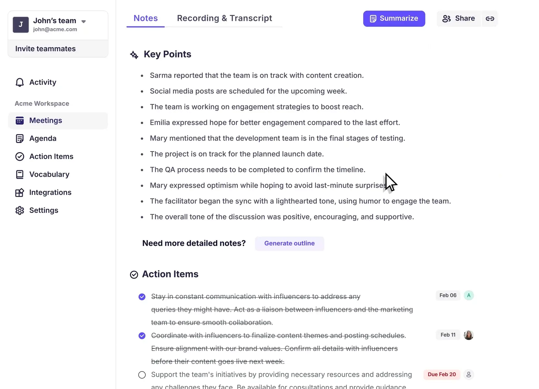 Krisp key points and action items