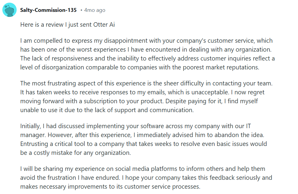 Otter AI's customer support