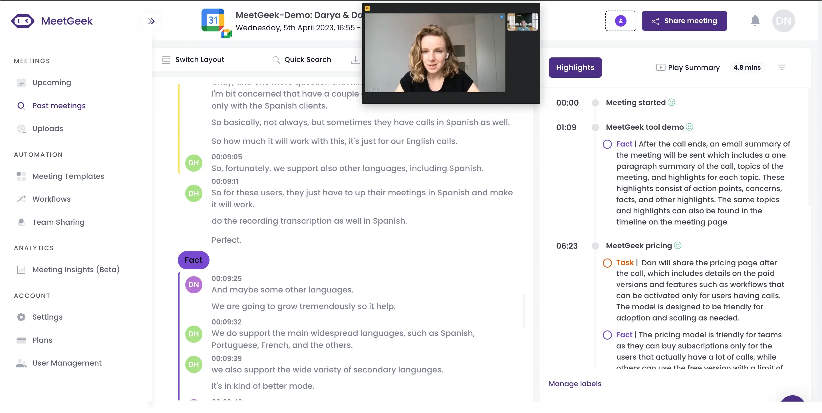 MeetGeek recording transcript and highlights
