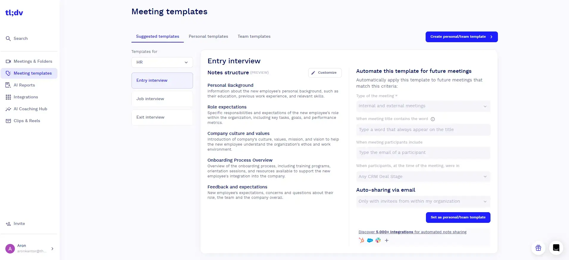  Tl;dv’s user interface