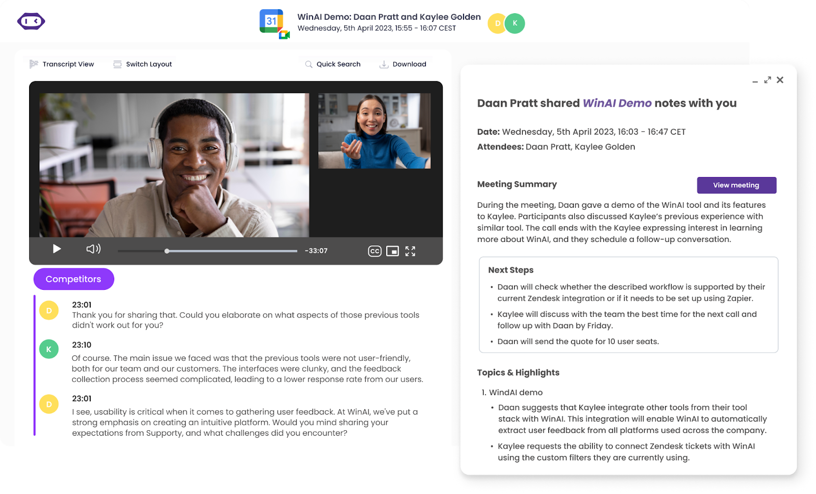 Transcription automatique de Google Meet, notes, résumé et points saillants avec MeetGeek