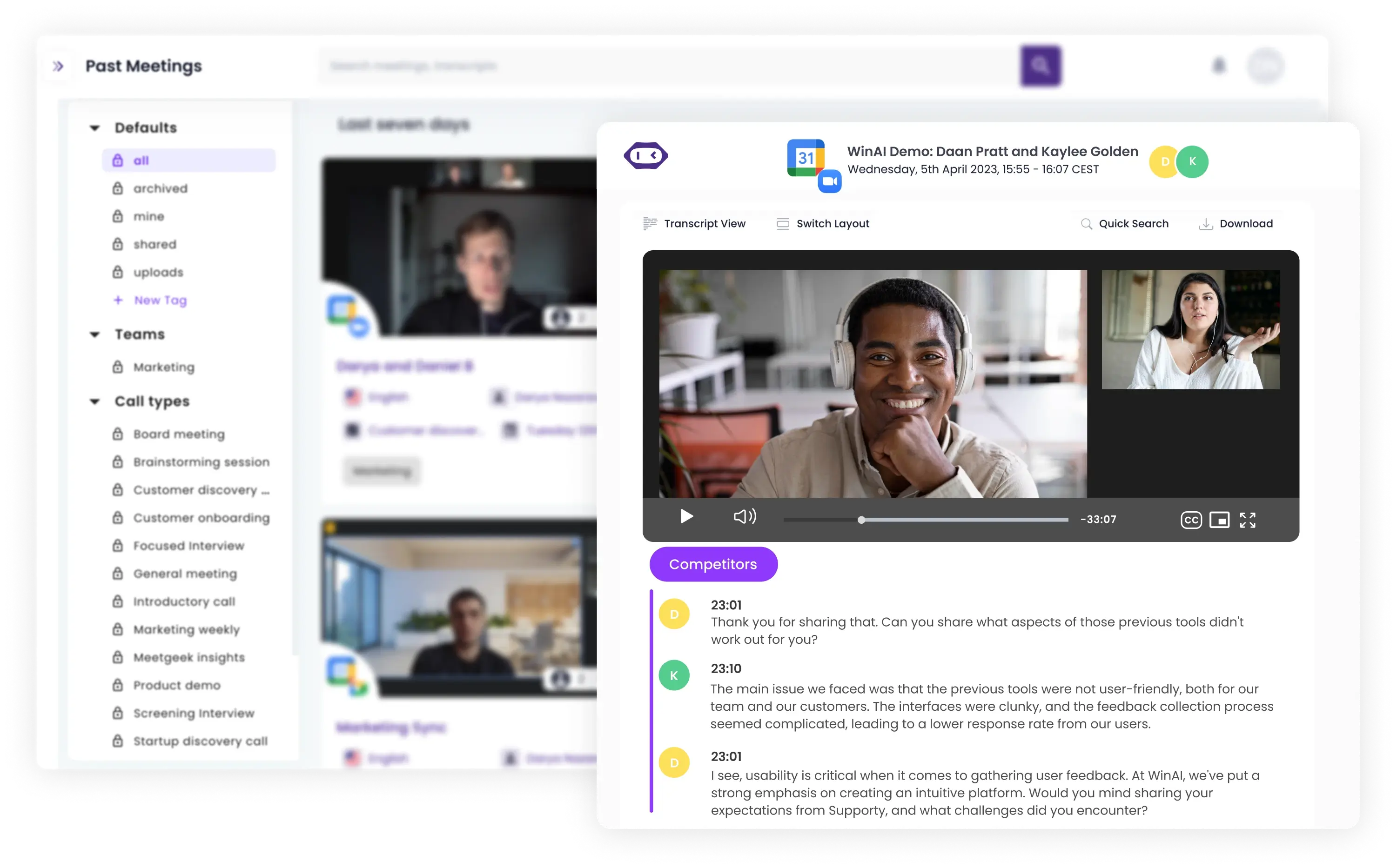 MeetGeek past meetings transcript