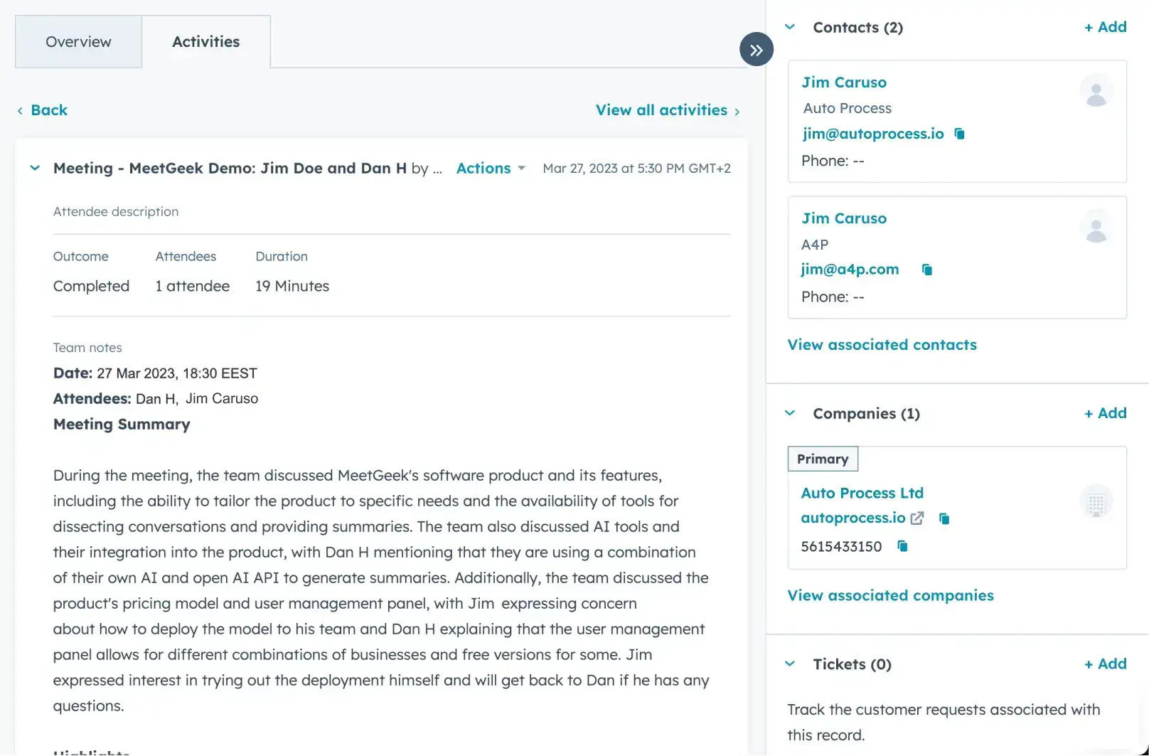 intégration de meetgeek avec hubspot