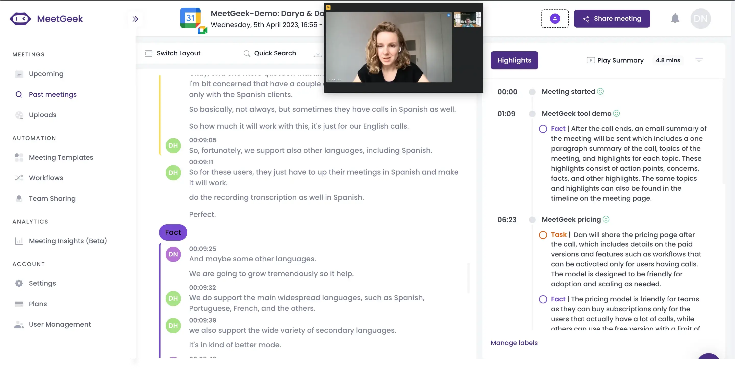 automated meeting transcription with tasks