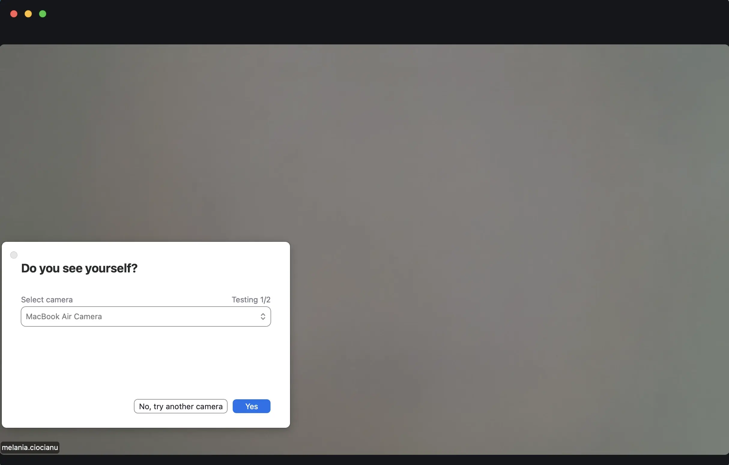 Camera test pop-up during Zoom test meeting showing Zoom detected a MacBook Air Camera
