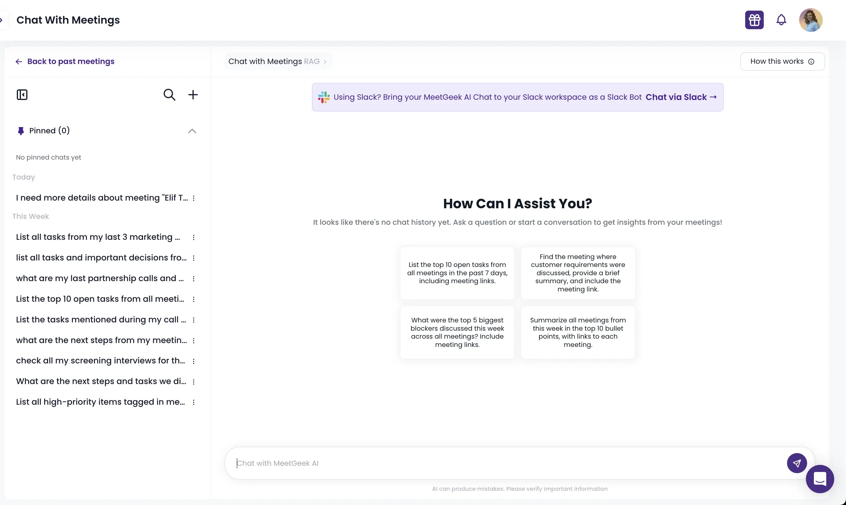 MeetGeek AI Chat with prompt options helping you search through meeting transcriptions and notes