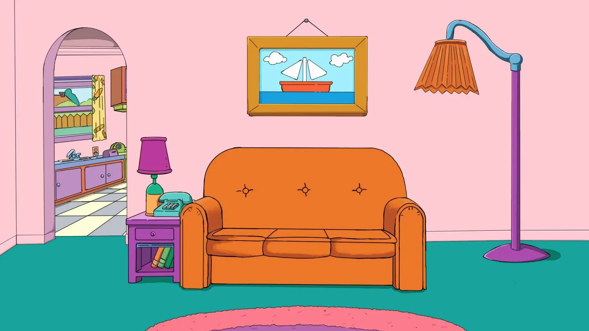 Simpsons Zoom background with orange couch and pink wall