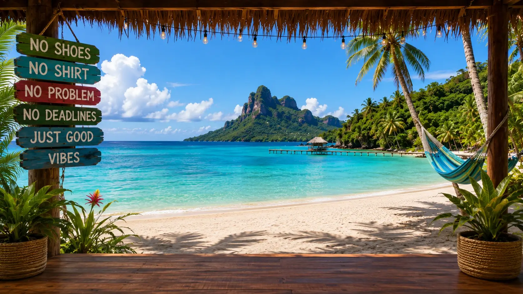 Tropical Zoom background with a beach, a hammock and some signs
