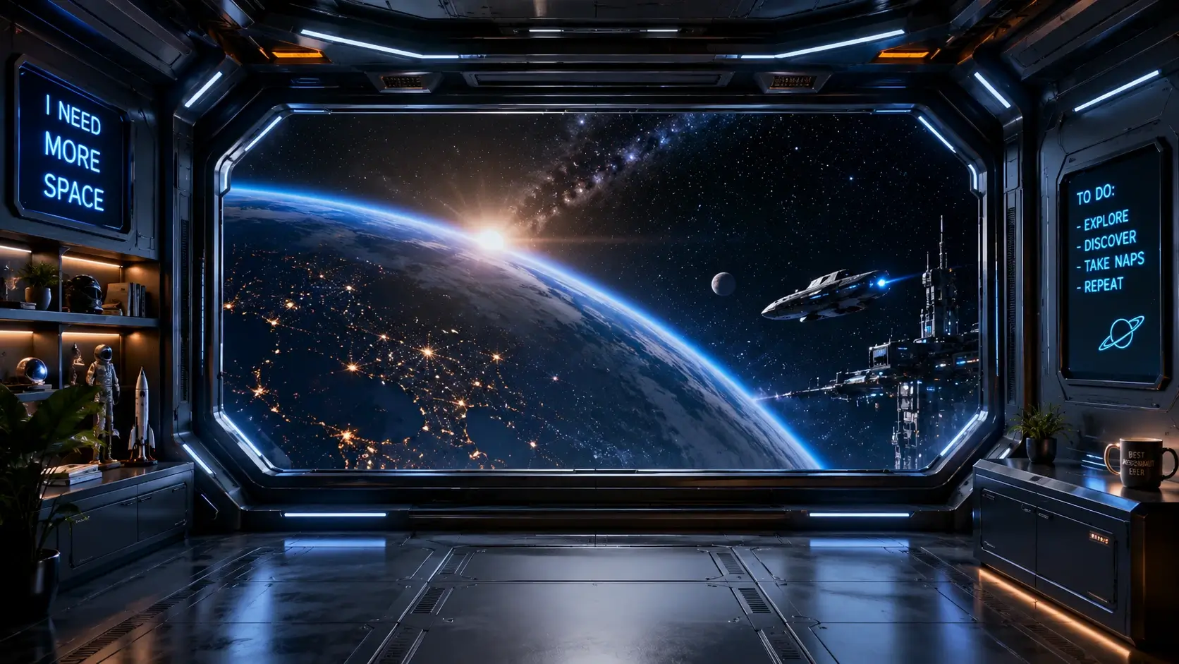 Sci-fi Zoom background of inside of spaceship with a window with a few of Earth