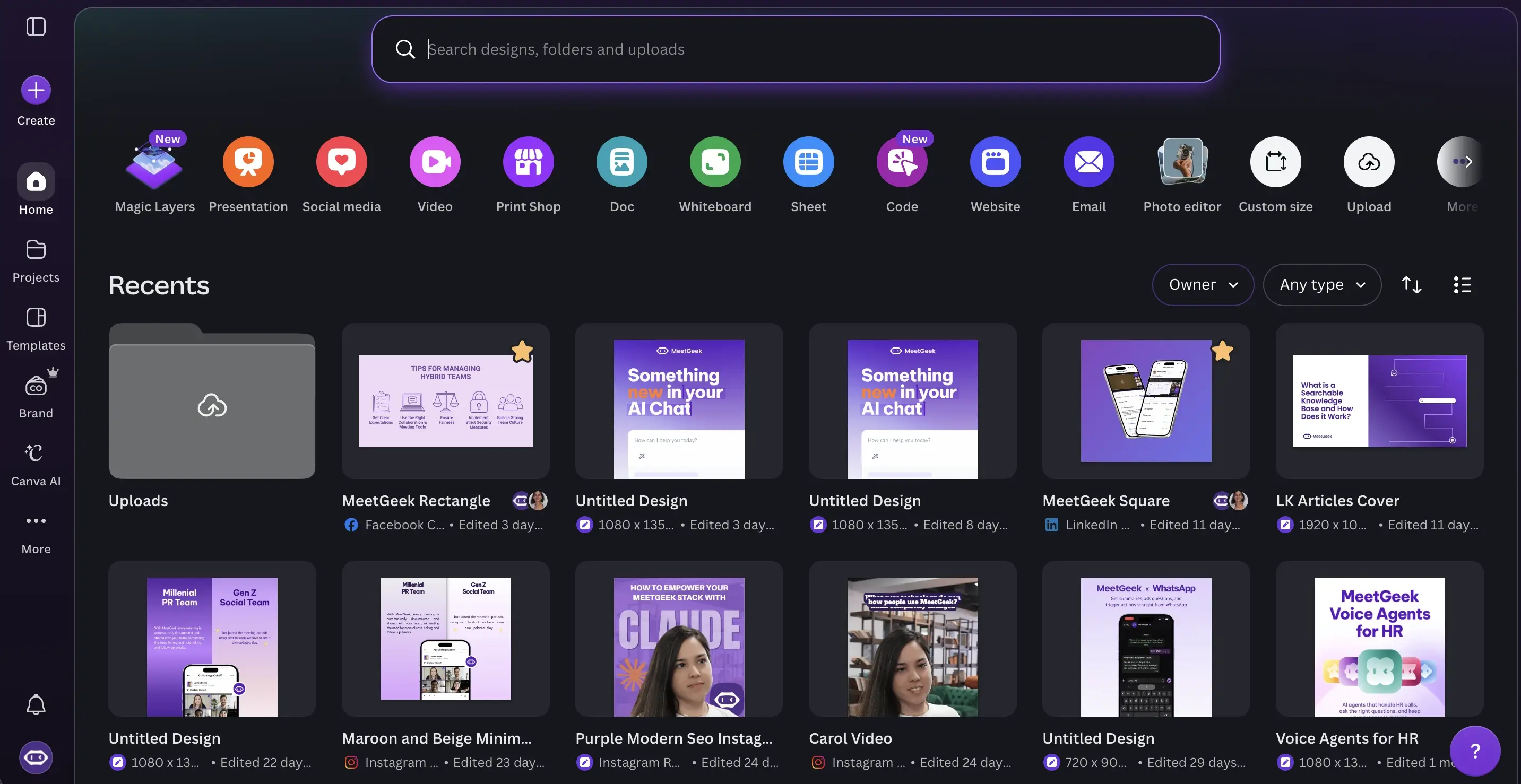 Canva home page with MeetGeek projects