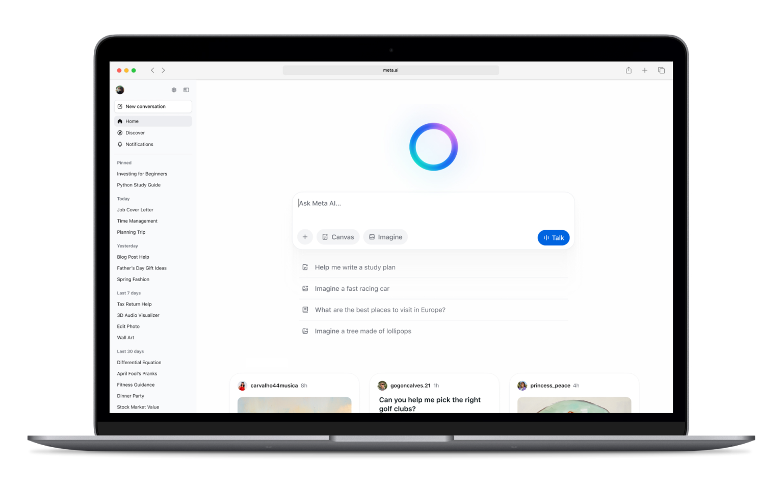 Meta AI interface with chat history