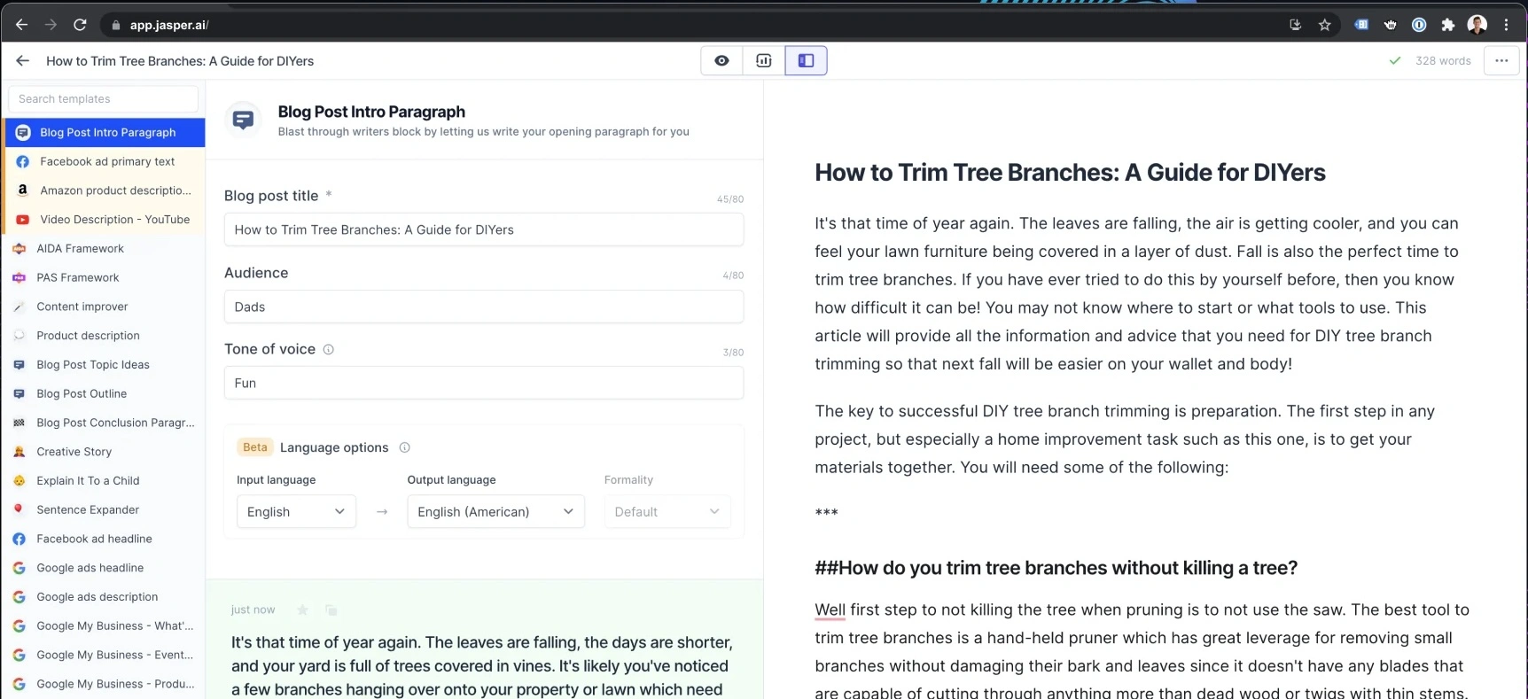 Jasper interface showing blog post creation