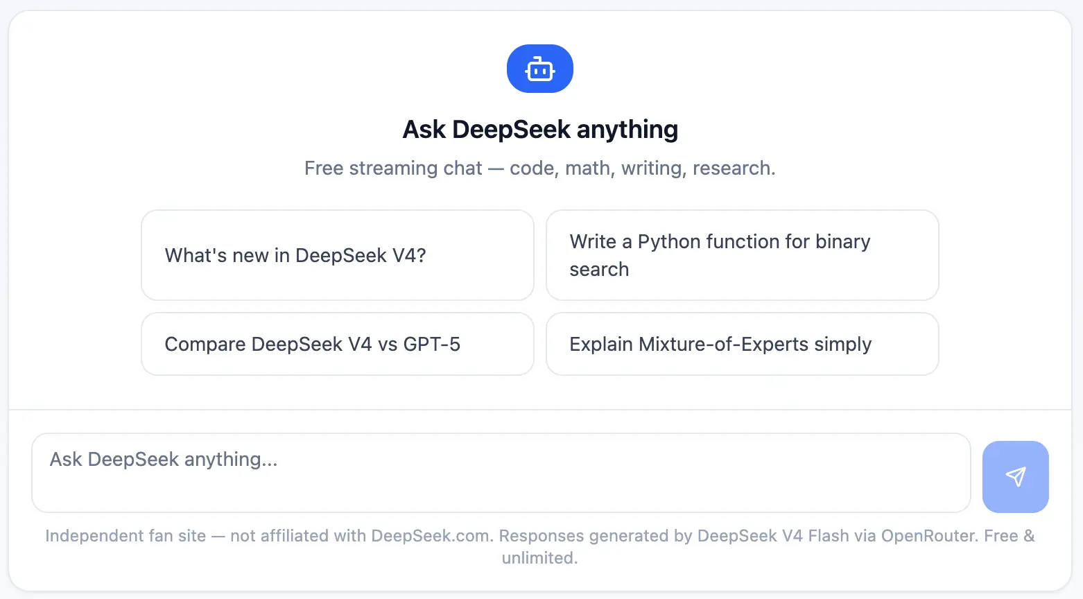 DeepSeek interface showing "Ask DeepSeek anything"