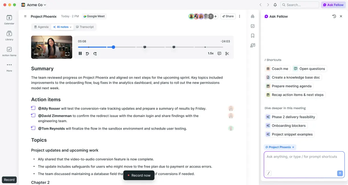 Fellow AI meeting summary, action items, topics, and AI chat