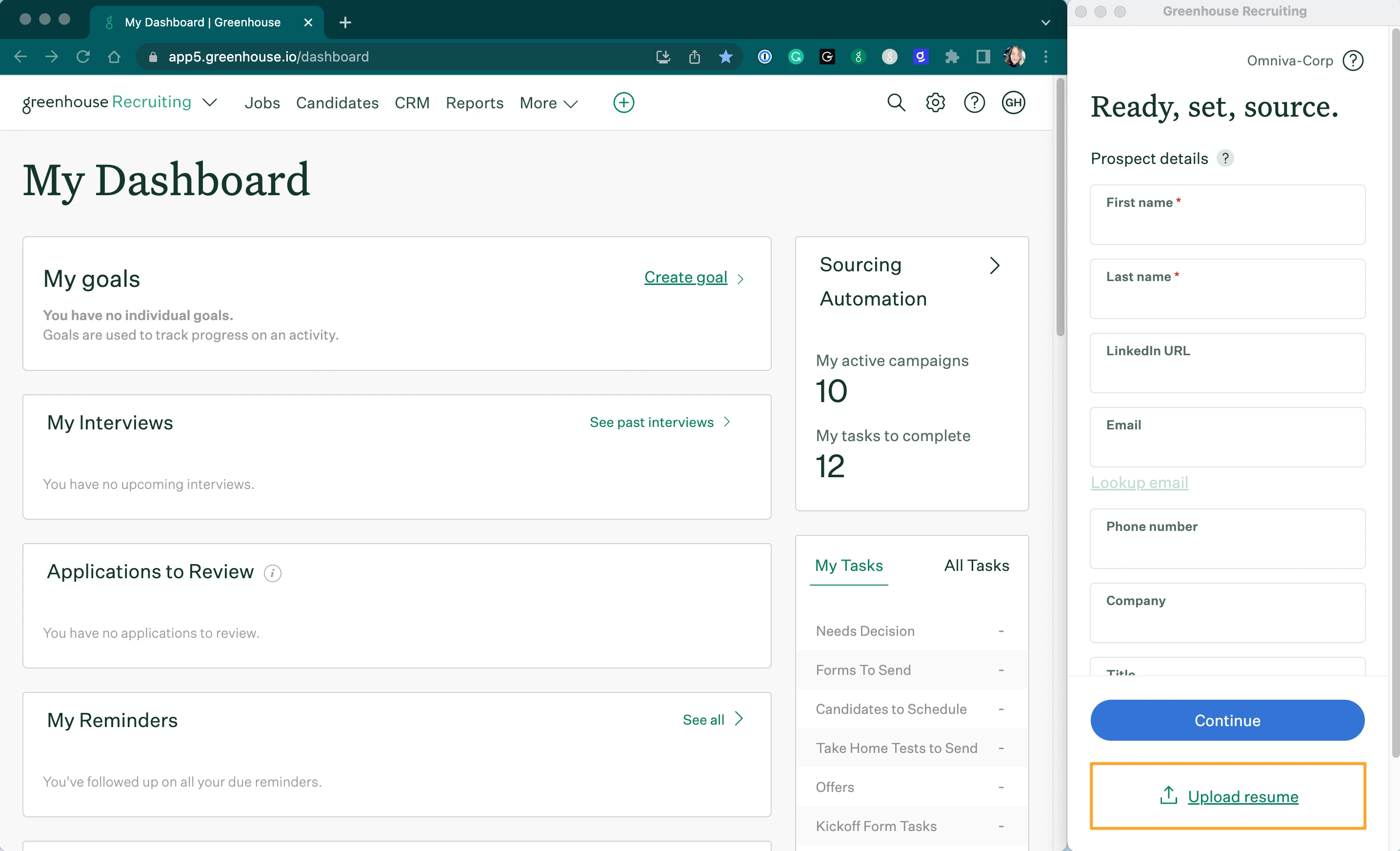 Greenhouse-Recruiting-dashboard-and-Greenhouse Recruiting Chrome extension opened with Upload resume button highlighted on extension