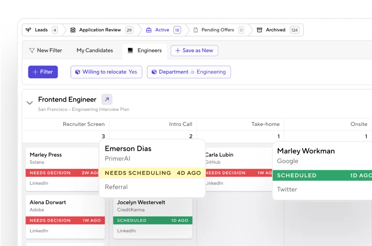 Active candidate profiles for the hiring process of engineers in Ashby