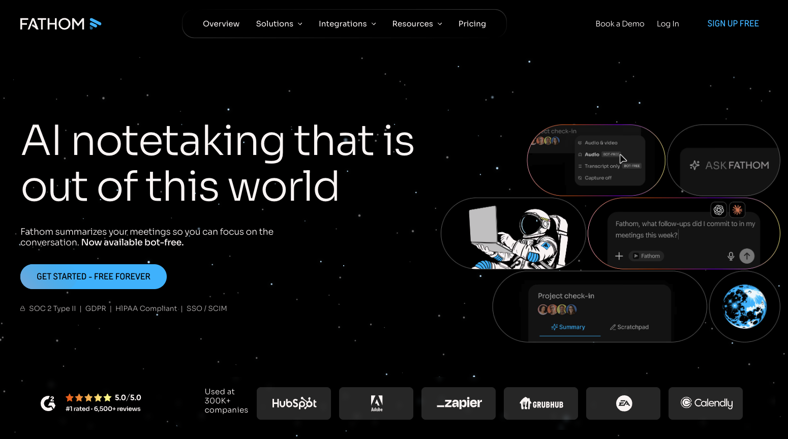 Fathom homepage, a free AI note taker with unlimited meeting recording and transcription