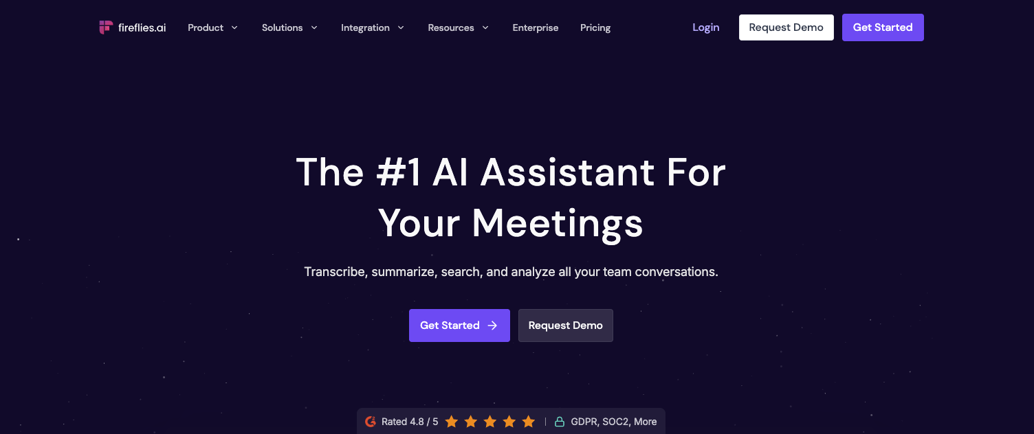 Fireflies homepage, a free AI note taker with unlimited meeting transcripts and search