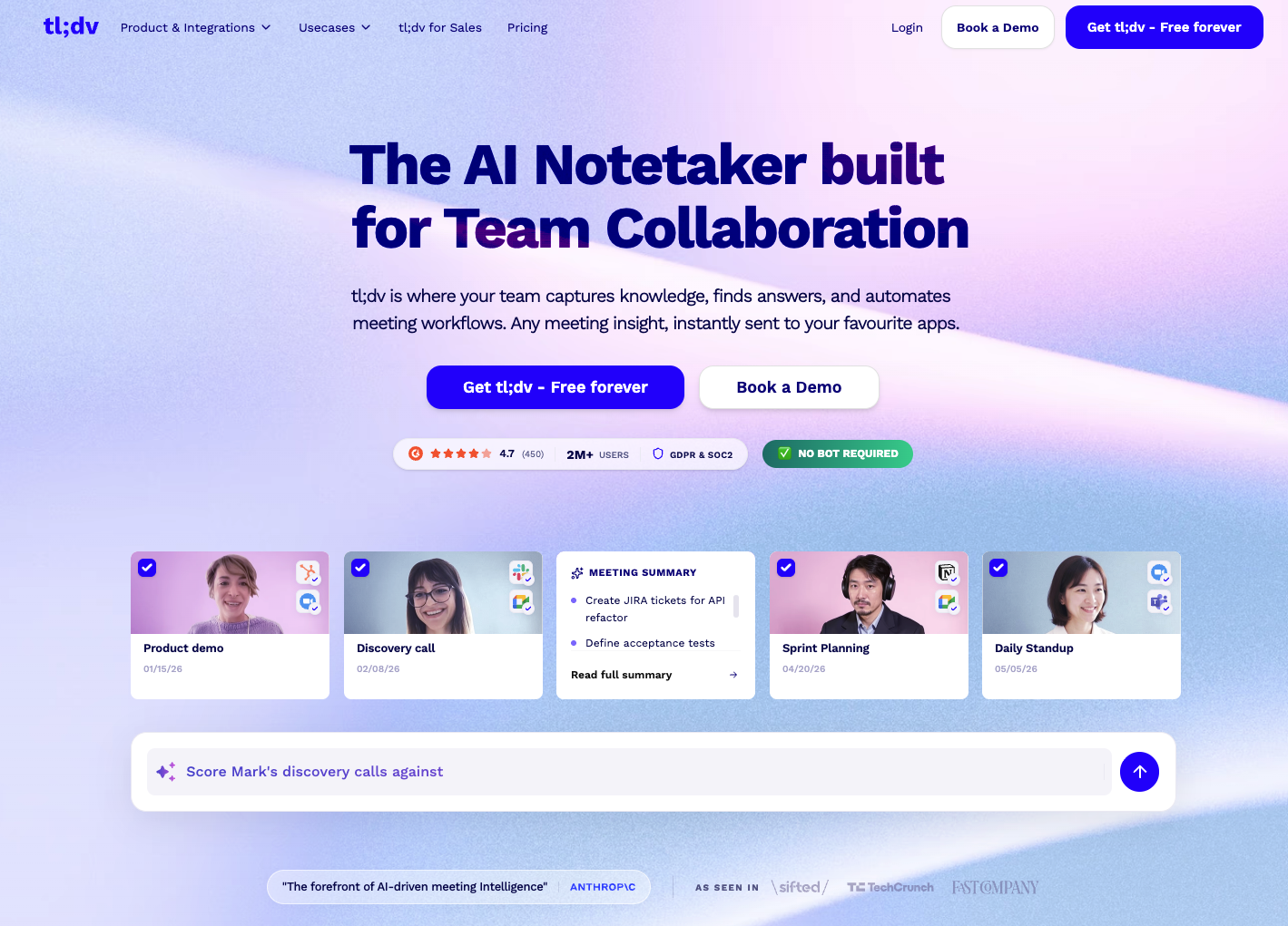 tl;dv homepage, a free AI note taker with unlimited recordings for Zoom, Google Meet and Microsoft Teams