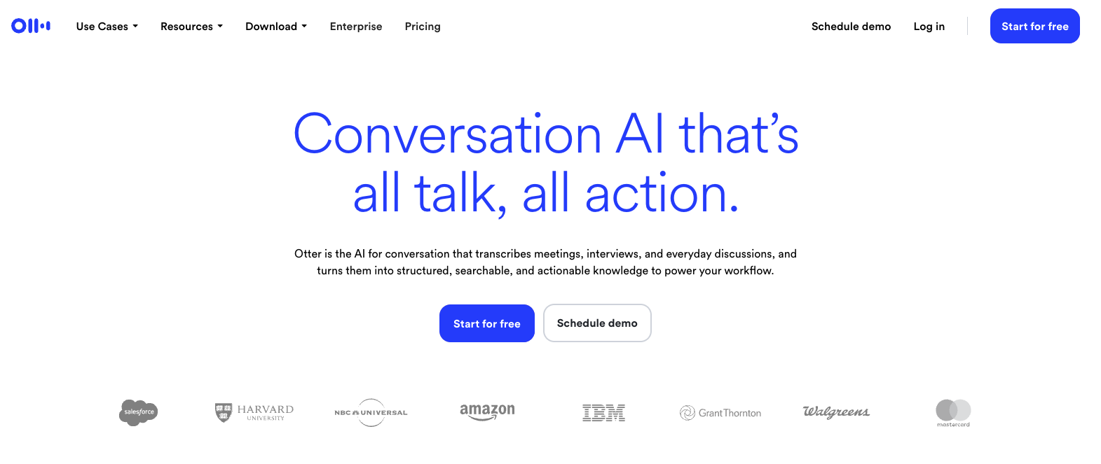 Otter homepage, an AI note taker with live meeting transcription and captions