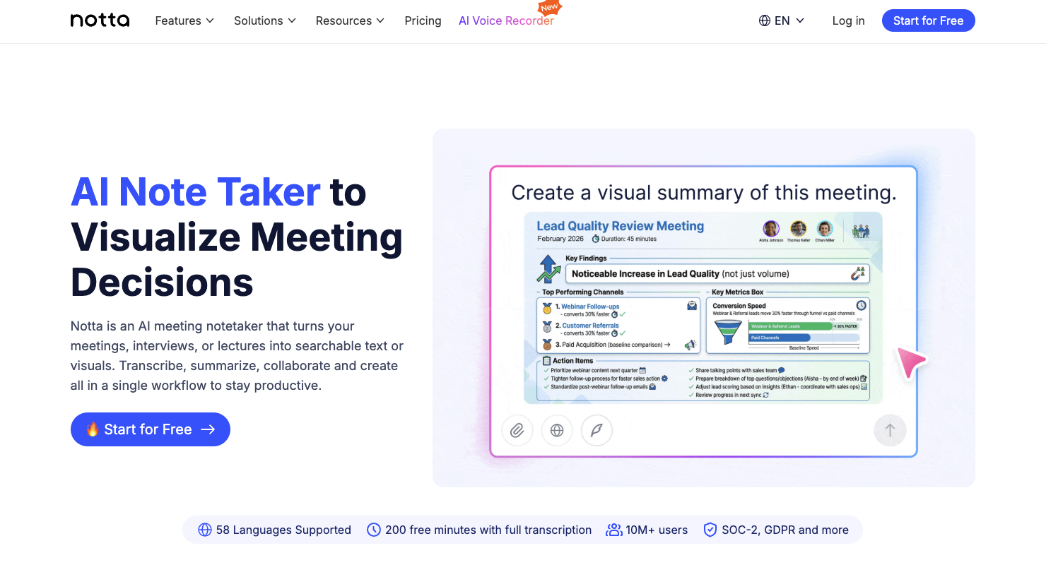Notta homepage, an AI note taker with multilingual transcription in 58 languages