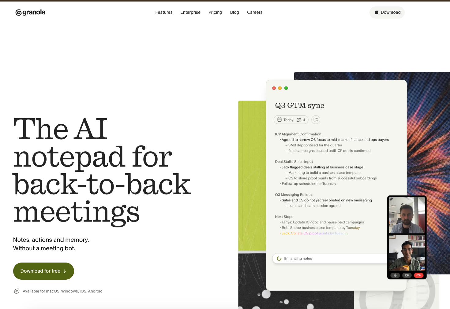 Granola homepage, a bot-free AI notepad that enhances the notes you take during a meeting