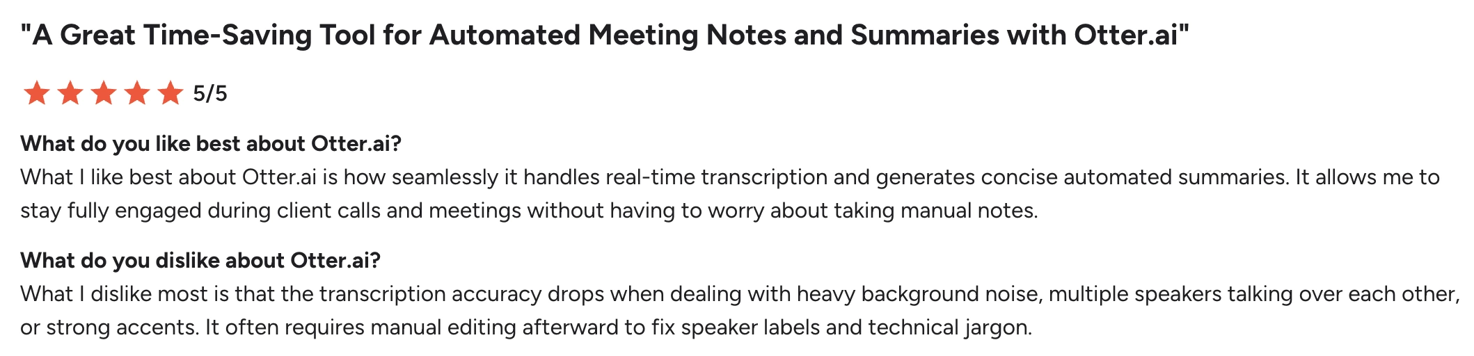 Otter AI review on G2 about its pros and cons, mentioning drops in transcription accuracy as a con
