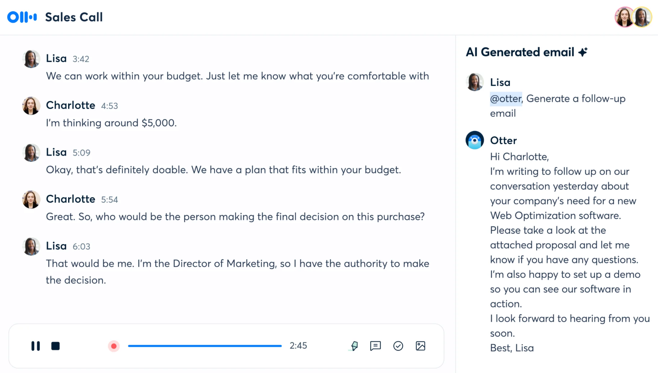 Otter AI sales call transcription with AI generated email for follow-up