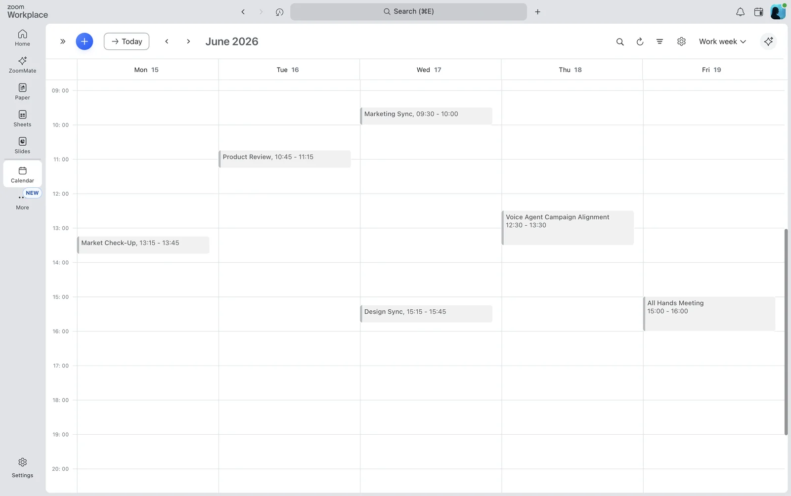 App de escritorio de Zoom Workplace con las reuniones anteriores en la pestaña Calendar fusionada