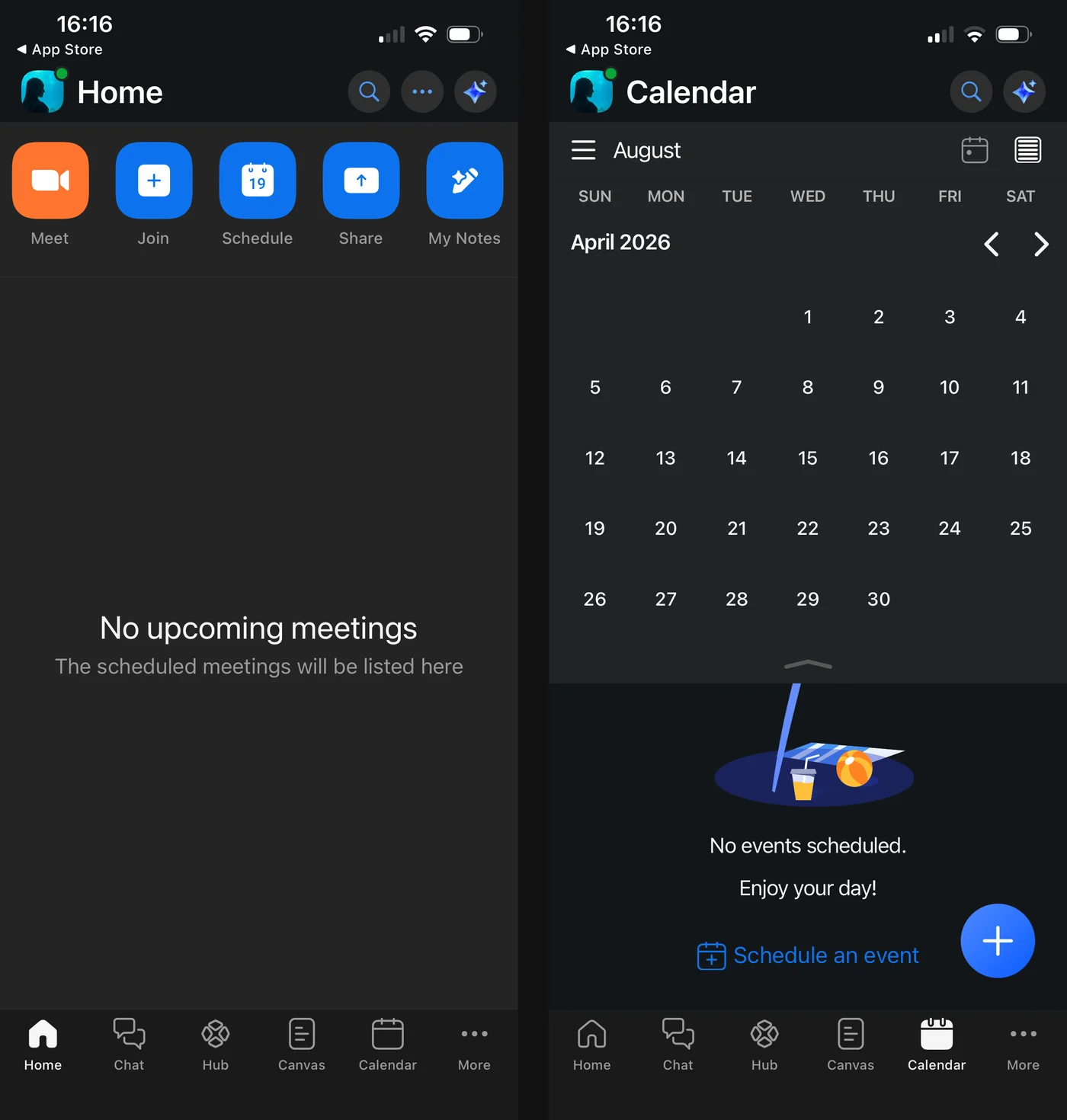 Pestañas Home y Calendar de la app de Zoom para celular, sin vista de historial de reuniones pasadas