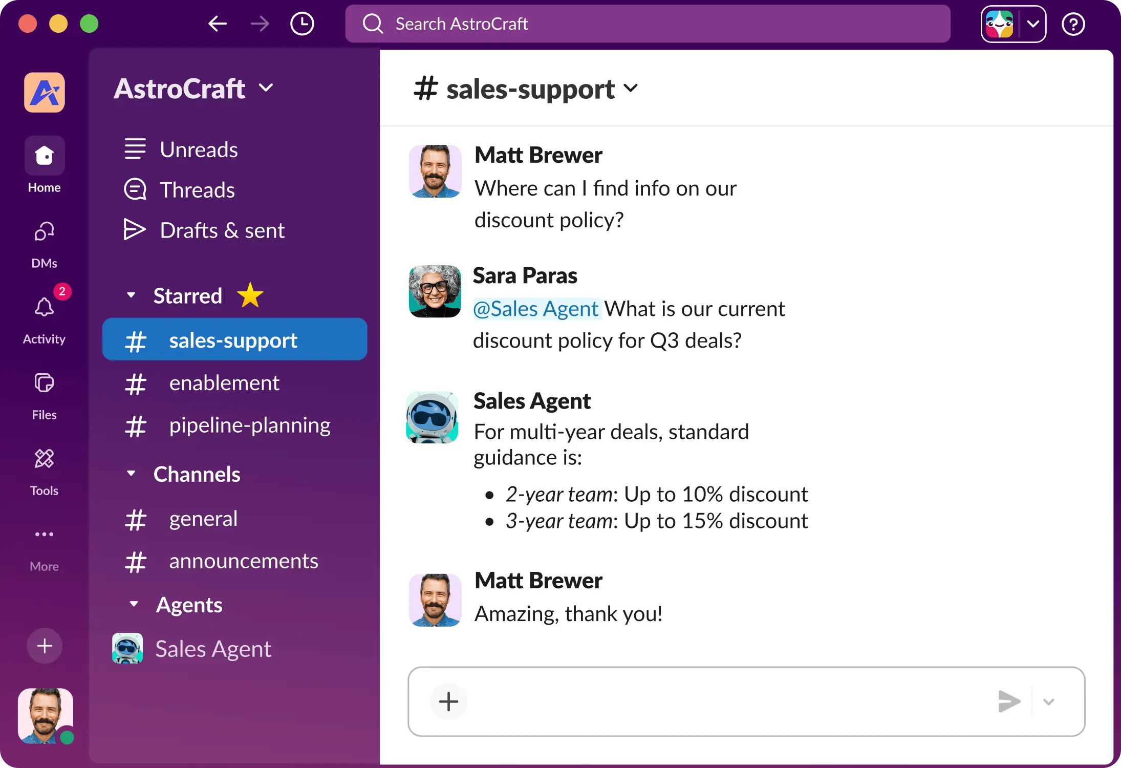 Slack interface showing channel named #sales-support with conversation between two people and a Sales Agent