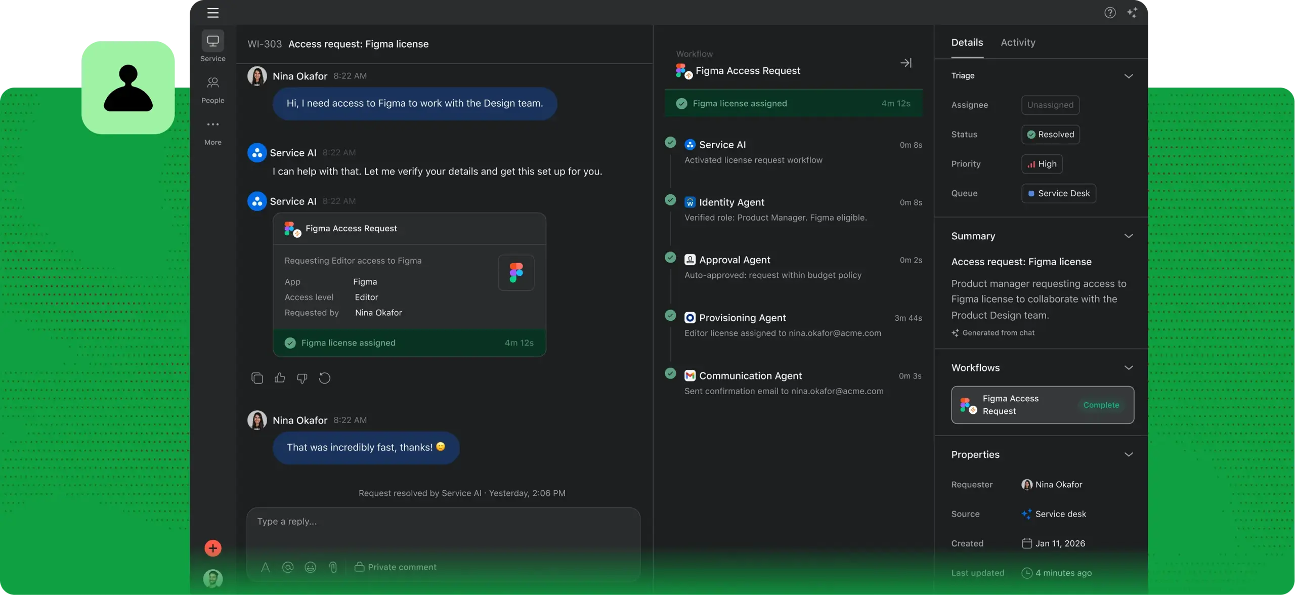 Asana Service page showing conversation with Service AI for Access Request