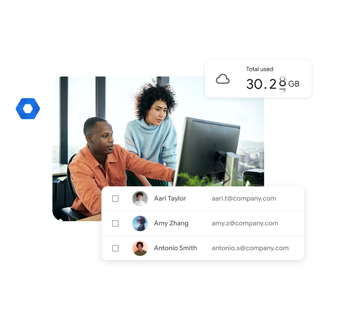 Two people watching a screen showing used space in Google Workspace and email addresses of contacts