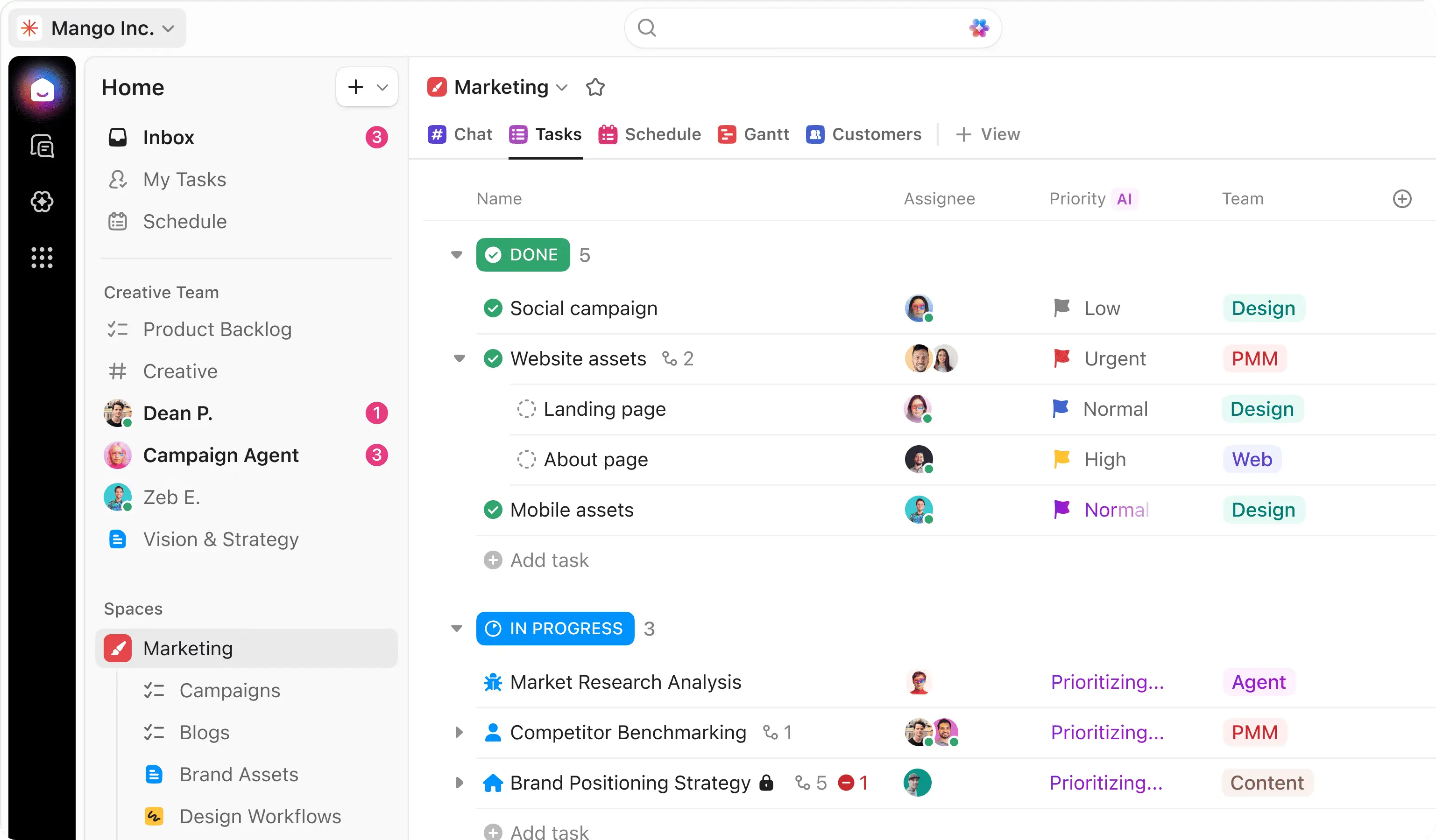 List of Marketing tasks on Clickup marked Done or In Progress